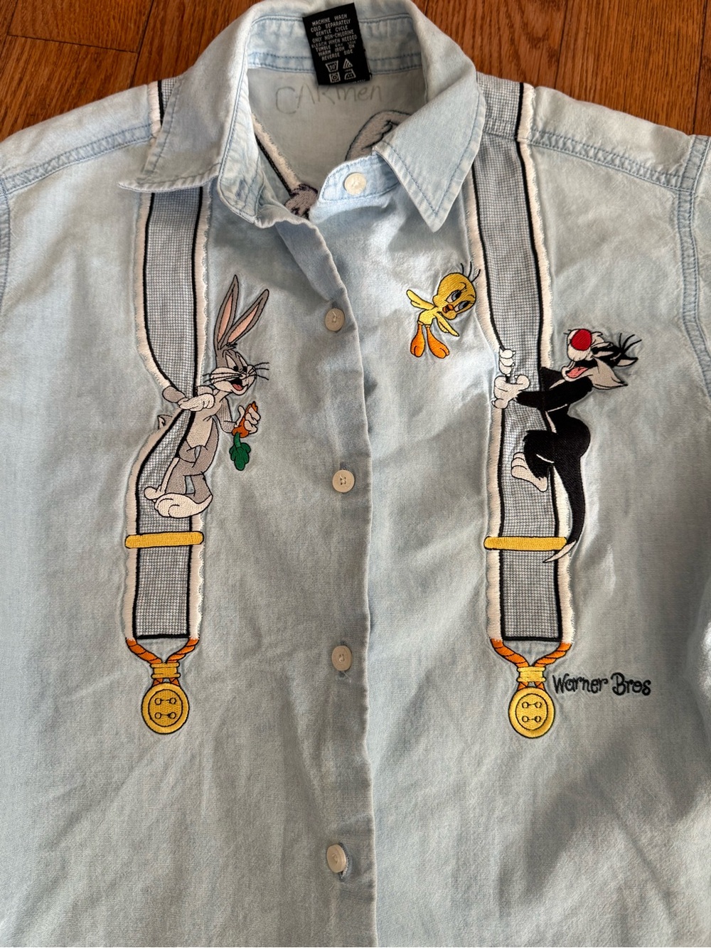 90s VTG Looney Tunes Sz XS Denim LS Embroidery Shirt Bugs Bunny Tweety WarnerBro